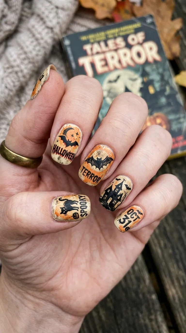 retro halloween nails with cream base and faded orange bat silhouette, vintage poster style