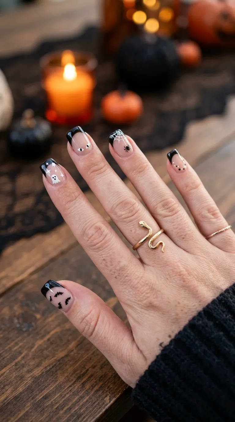 short halloween nails with black tip instead of french white tip