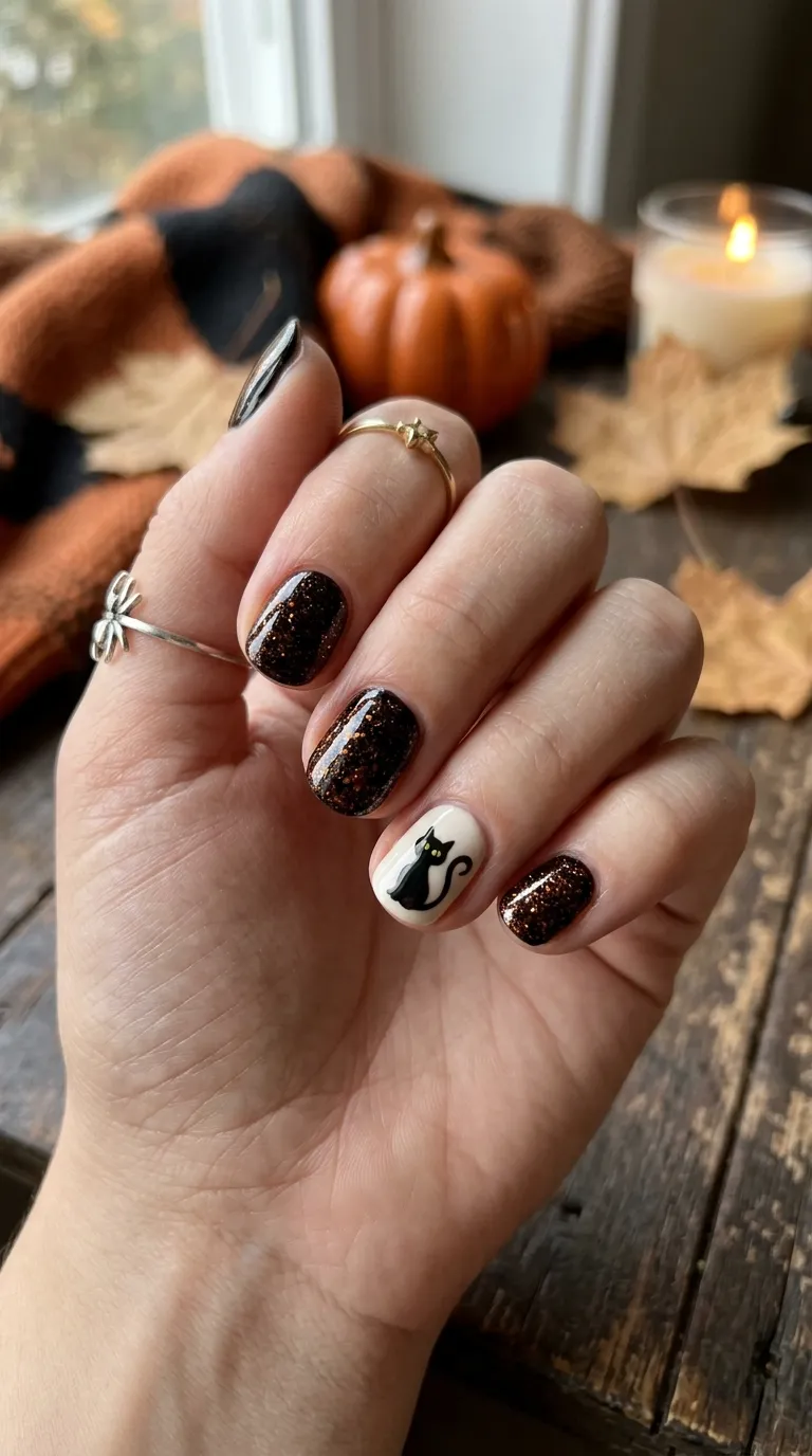 short halloween nails with tiny black cat silhouette accent on round nails