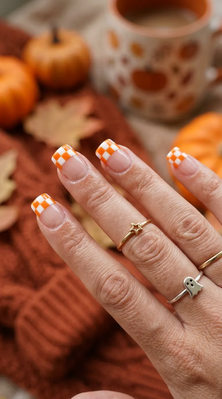 short halloween nails with orange and white checkerboard tip design