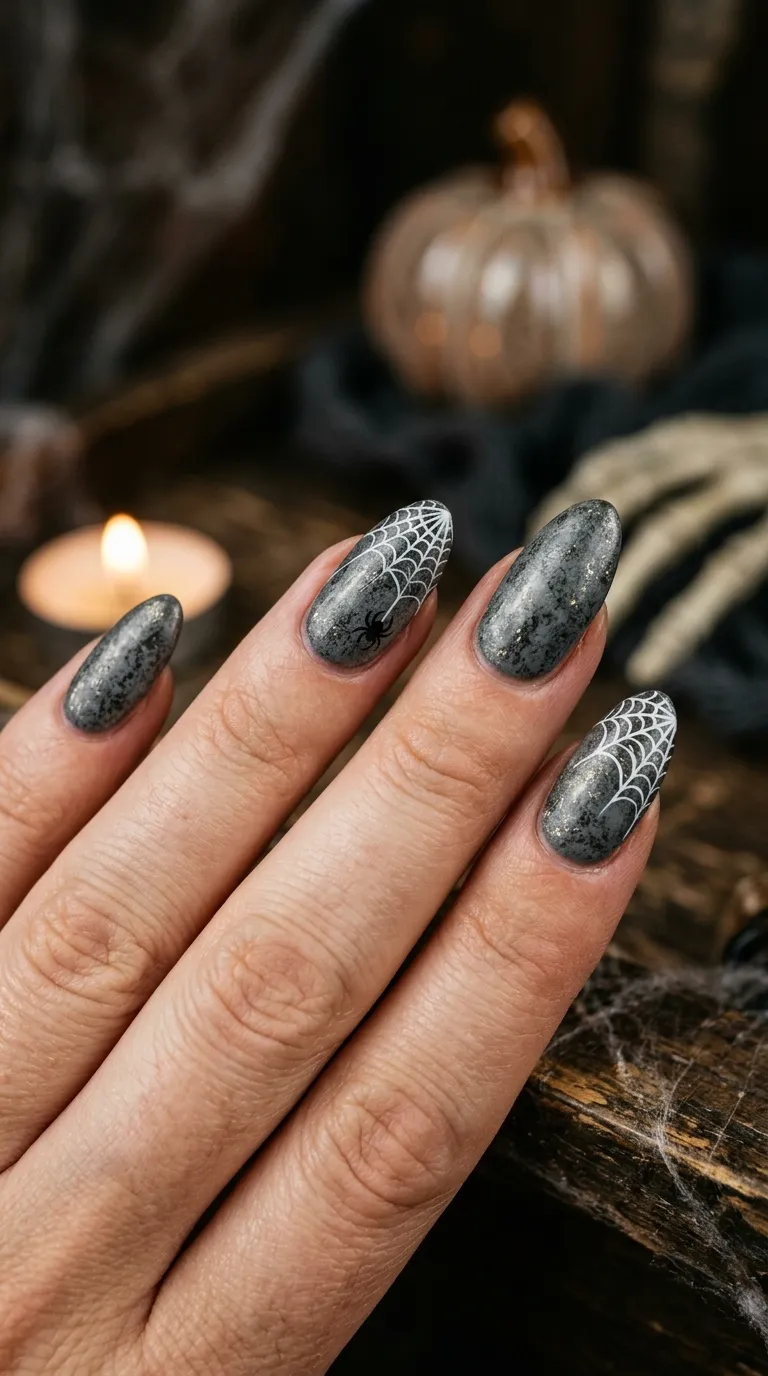 spooky nails, mottled grey with realistic cobweb corner detail