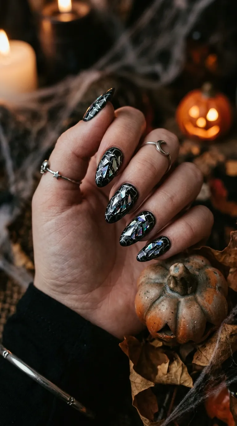 spooky nails with fine silver crack-pattern, broken-glass effect