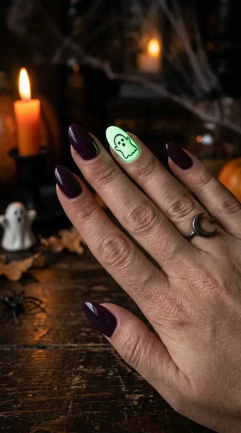 spooky nails in dark purple with glow-in-the-dark ghost accent