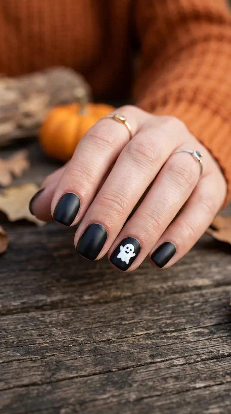 short halloween nails with small white ghost dot design on accent nail