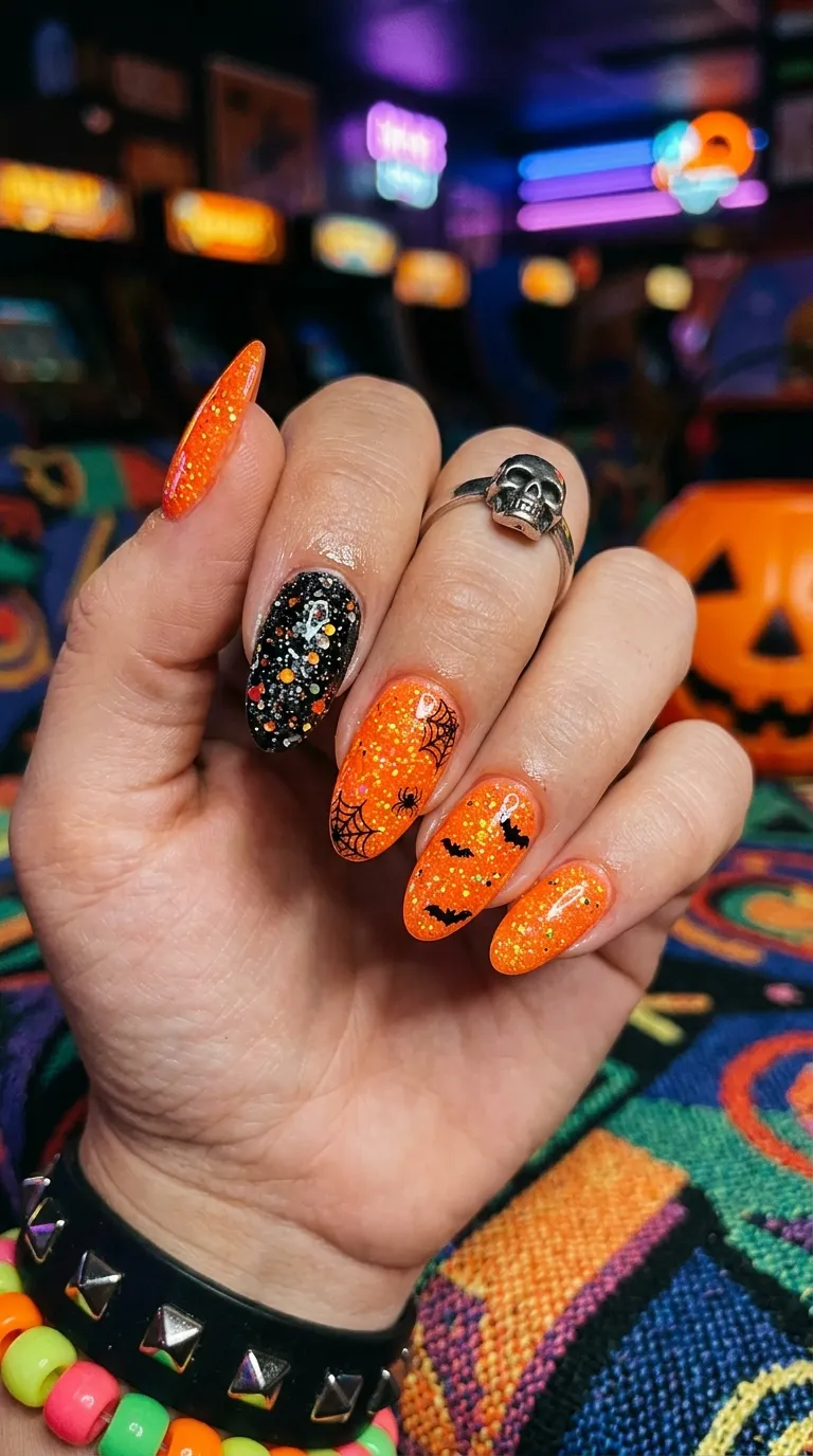 retro halloween nails with 80s neon glitter, neon orange base and chunky black glitter accent