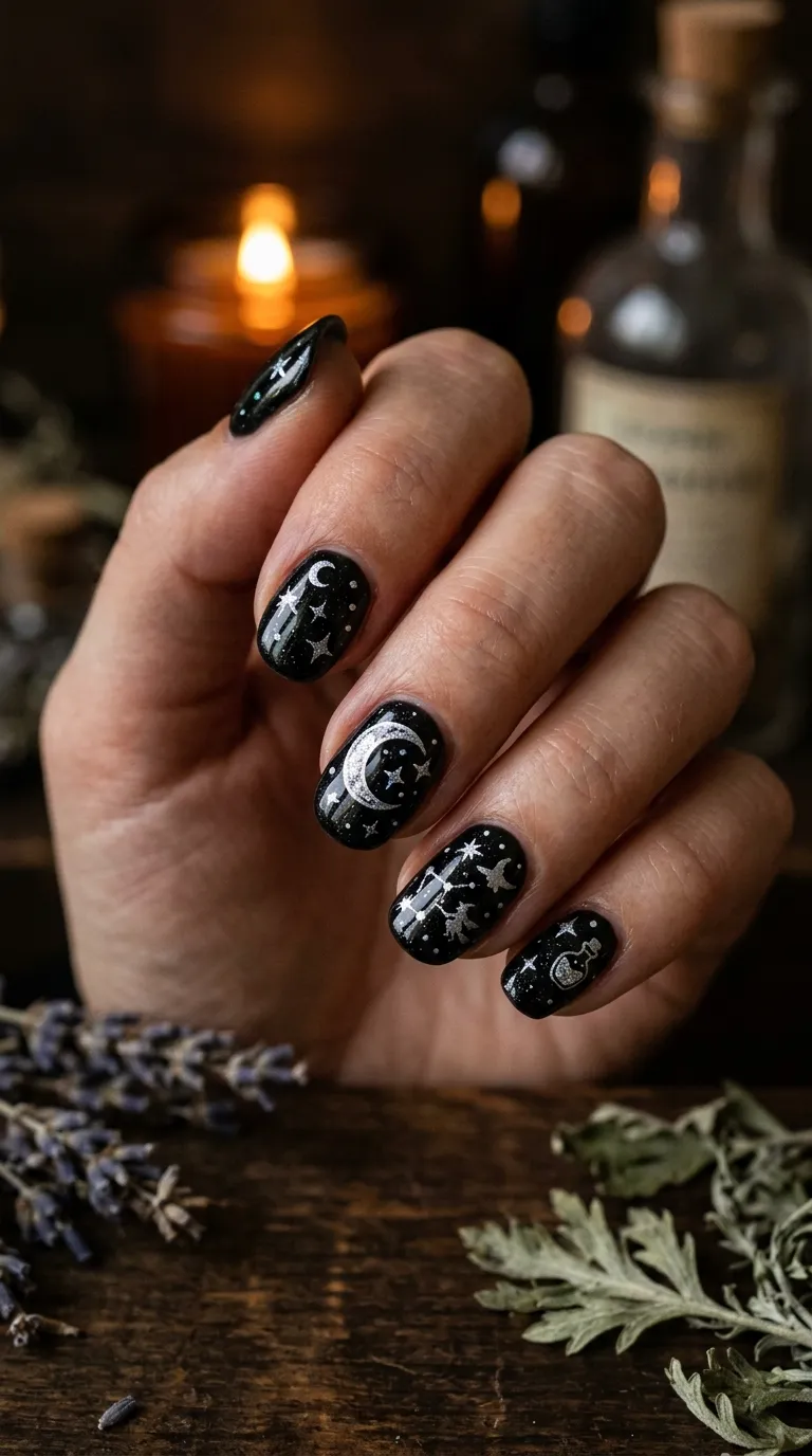 spooky nails with witchy crescent moon and stars design on black base