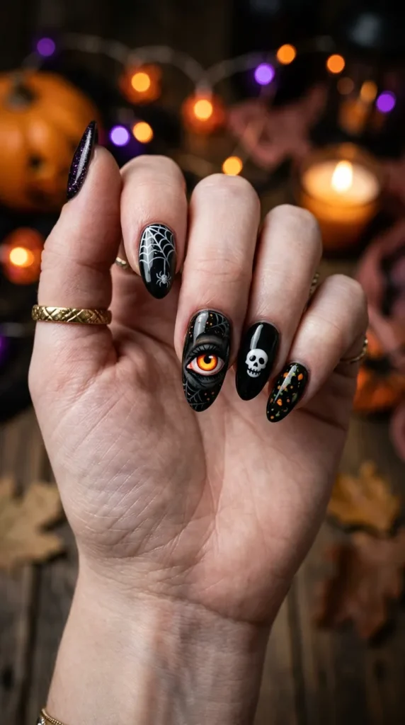 spooky nails with painted hollow eye design on black accent nail