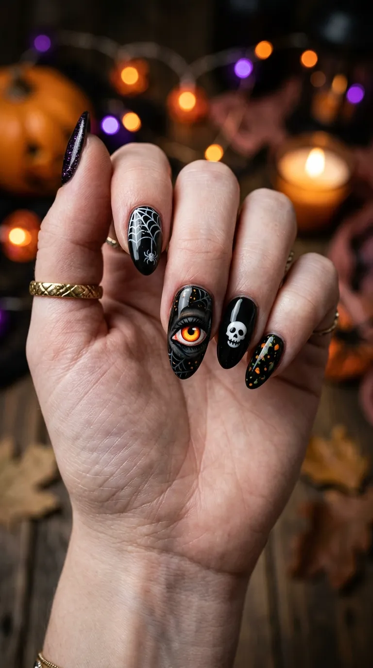 spooky nails with painted hollow eye design on black accent nail