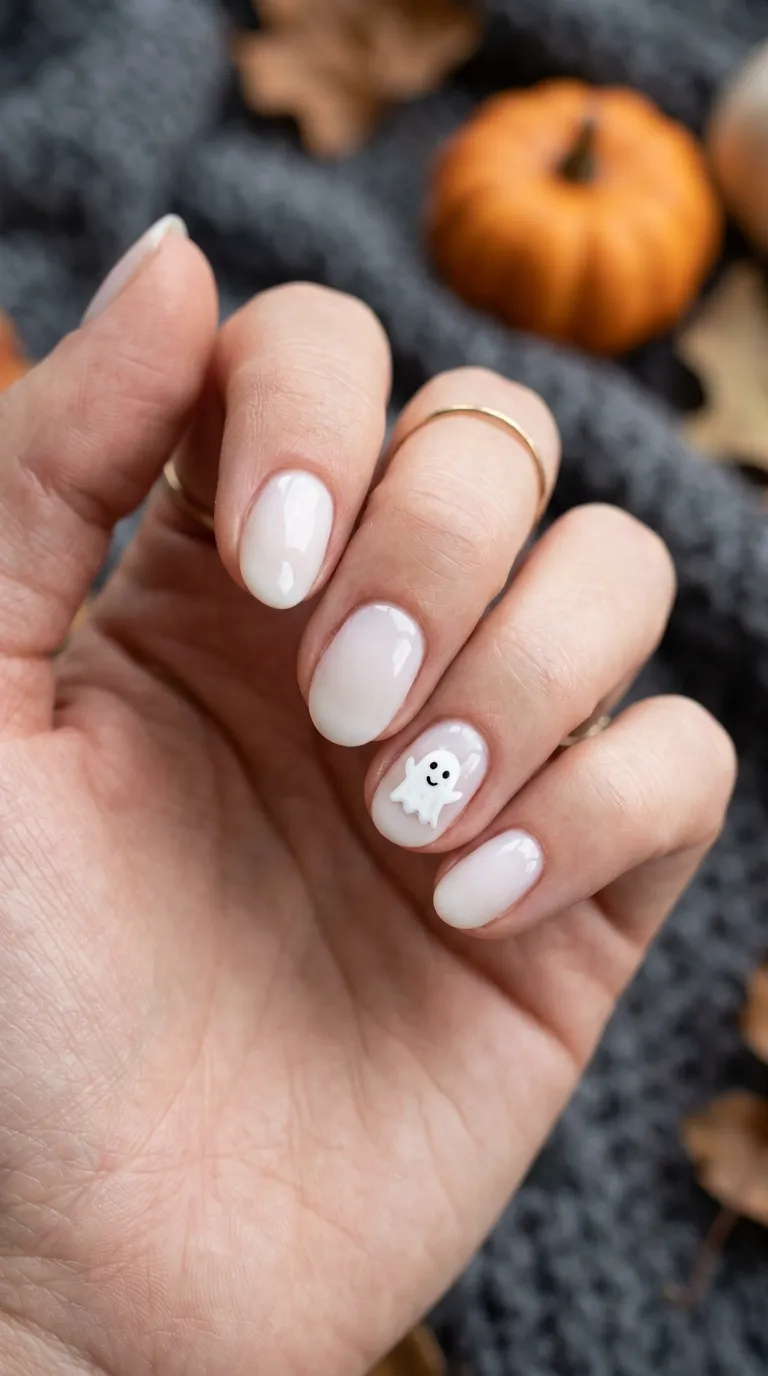 Simple Halloween Nails &ndash; milky white base with a small painted ghost accent