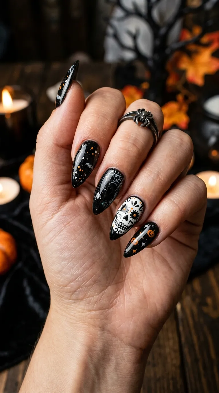 spooky nails, black base with small painted skull accent