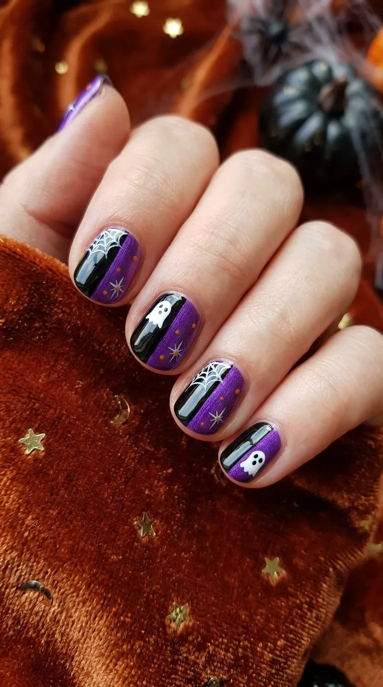 short halloween nails with purple and black half-and-half design