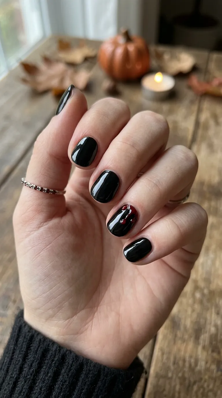 short halloween nails, black base with small red drip detail
