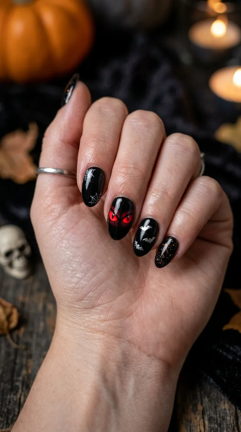 spooky nails, black base with red glowing eye pair on accent nail