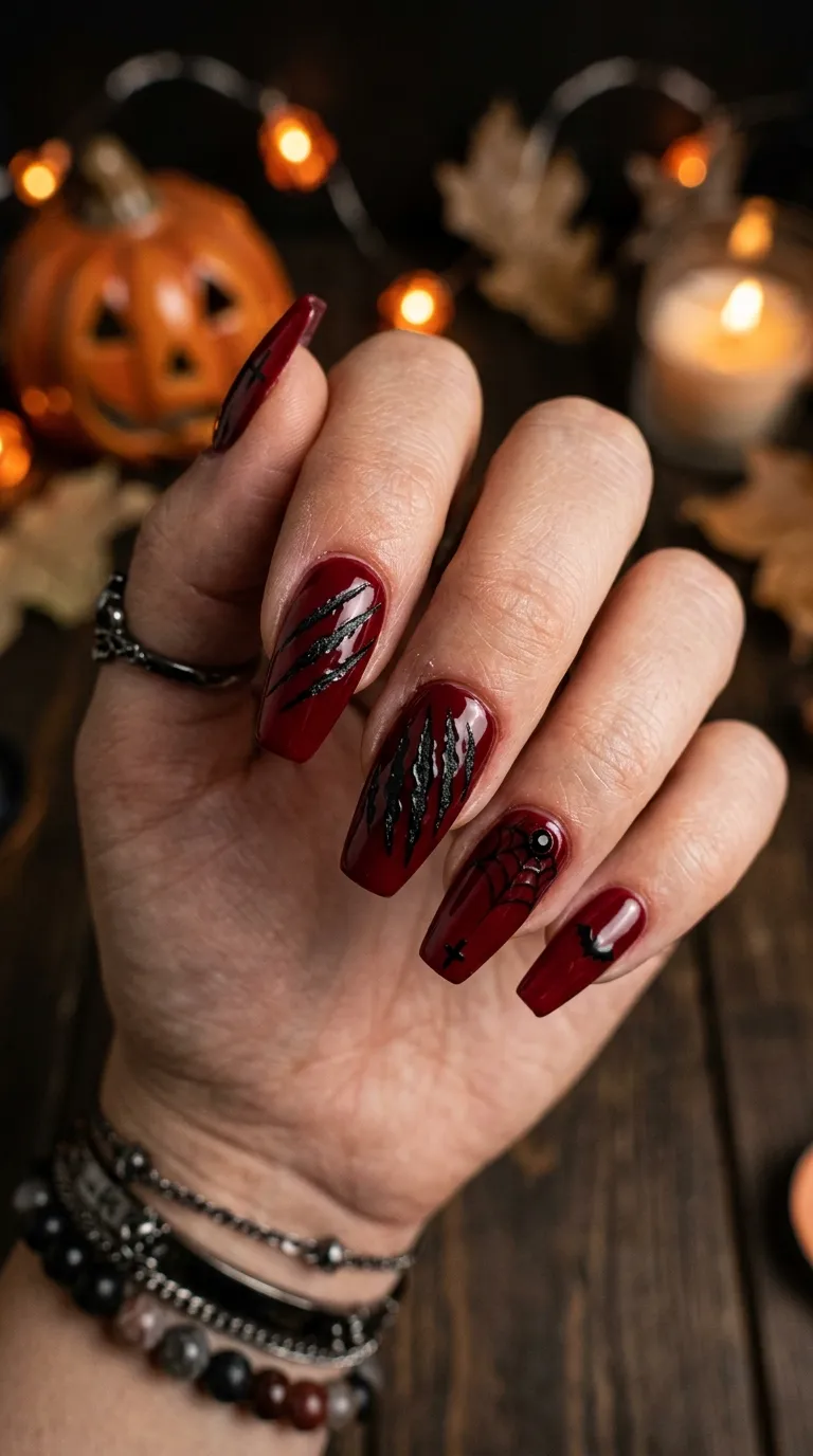 spooky nails, deep red with black claw scratch marks