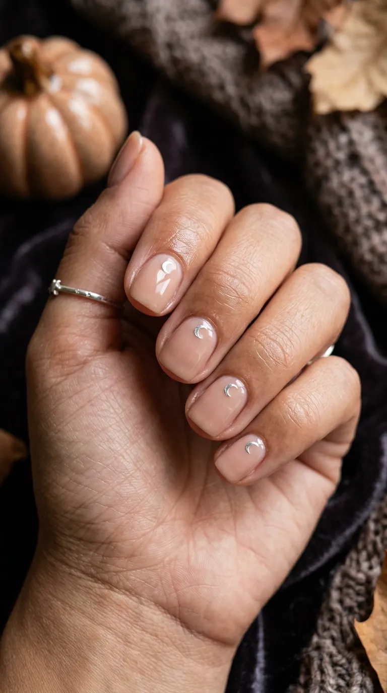 short halloween nails with tiny silver moon shape on nude base