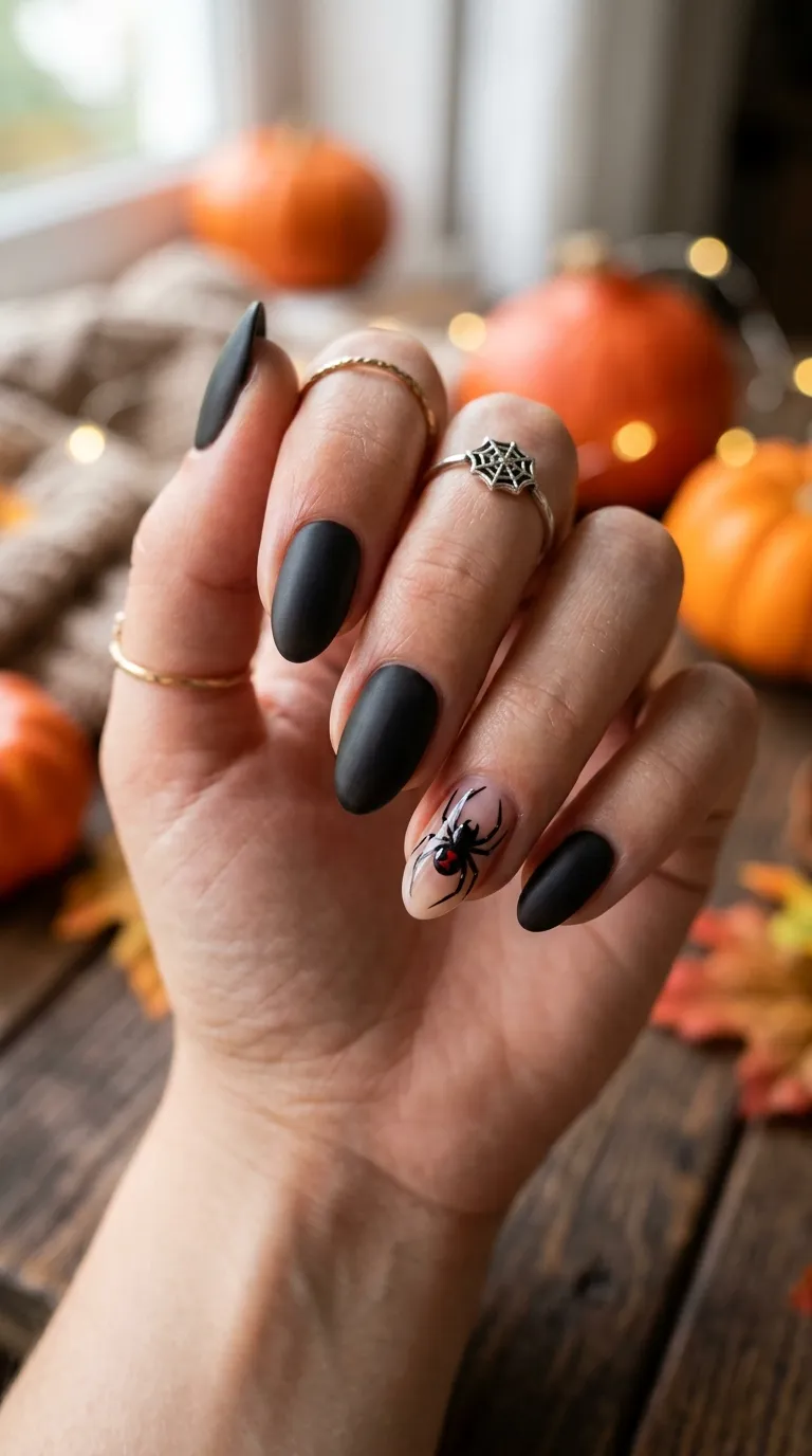 short halloween nails with tiny painted spider accent detail on almond nails