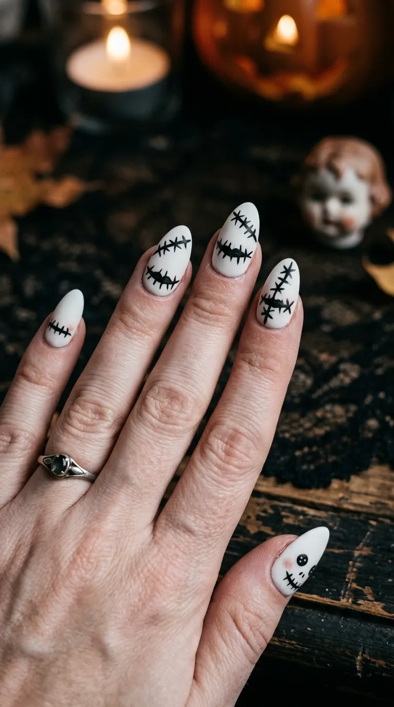 spooky nails, white base with black stitched-mouth detail, creepy doll style
