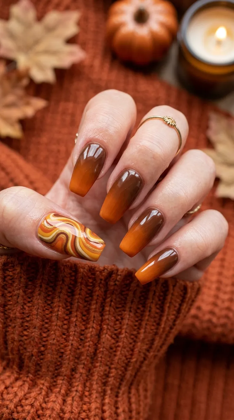 retro halloween nails with warm brown and orange ombre and 70s swirl accent nail
