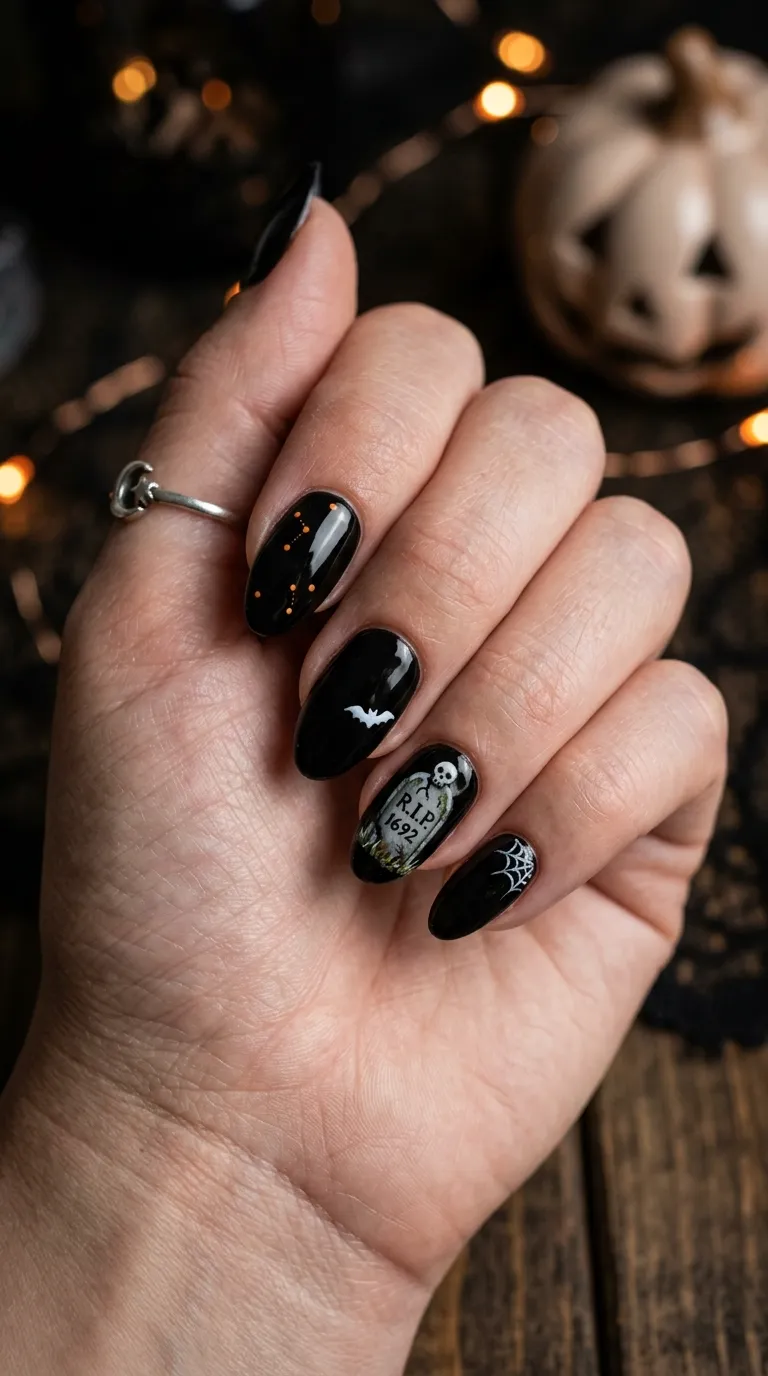 spooky nails, black base with tiny painted tombstone accent