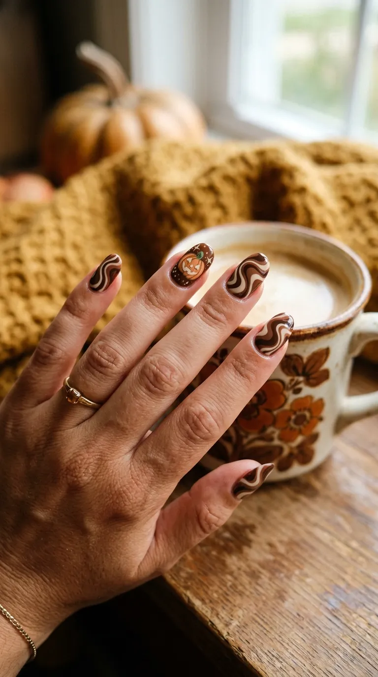 retro halloween nails with brown and cream swirl pattern, 70s earth tone design