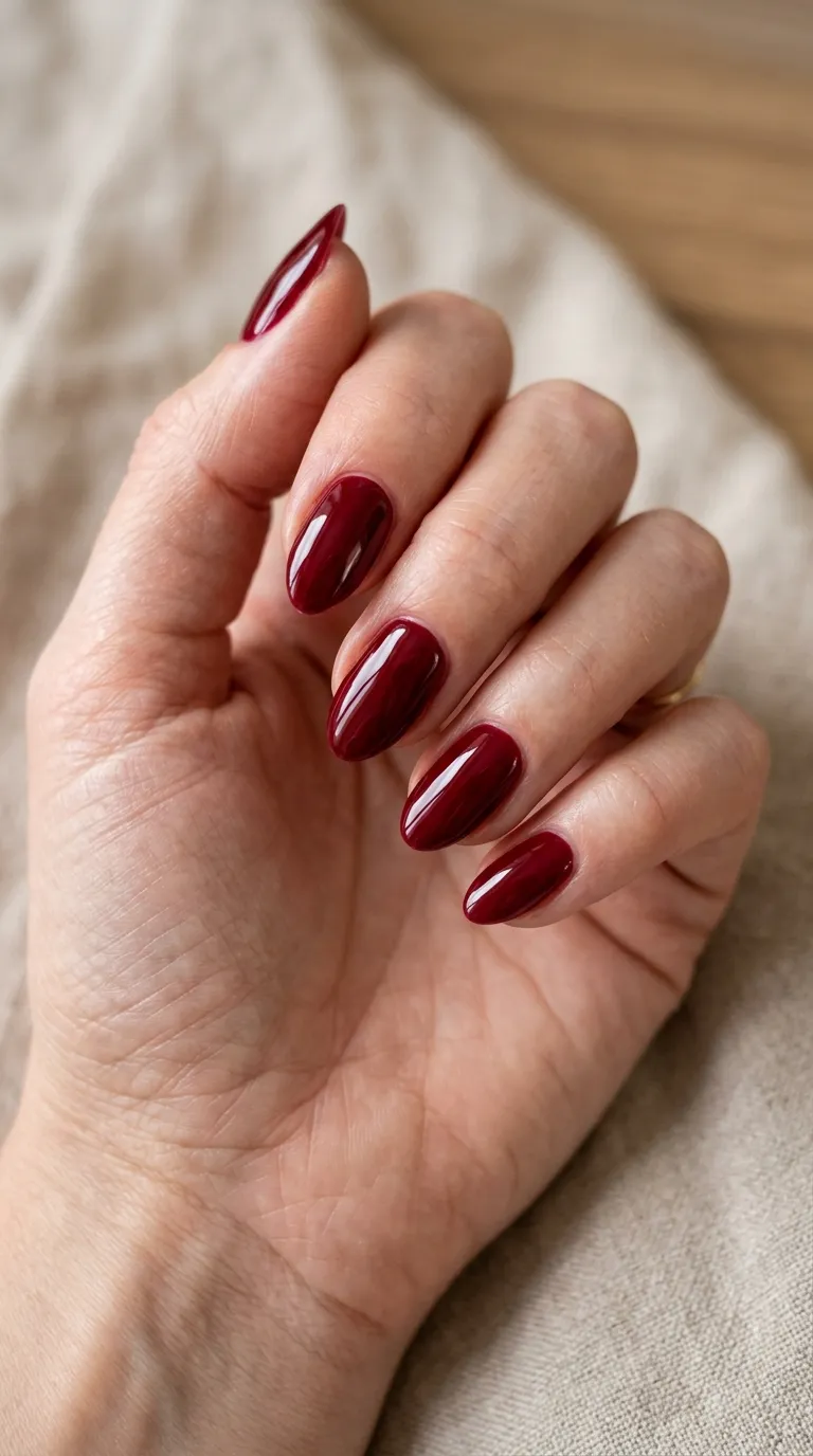 Glossy burgundy dark academia nails in a long almond shape