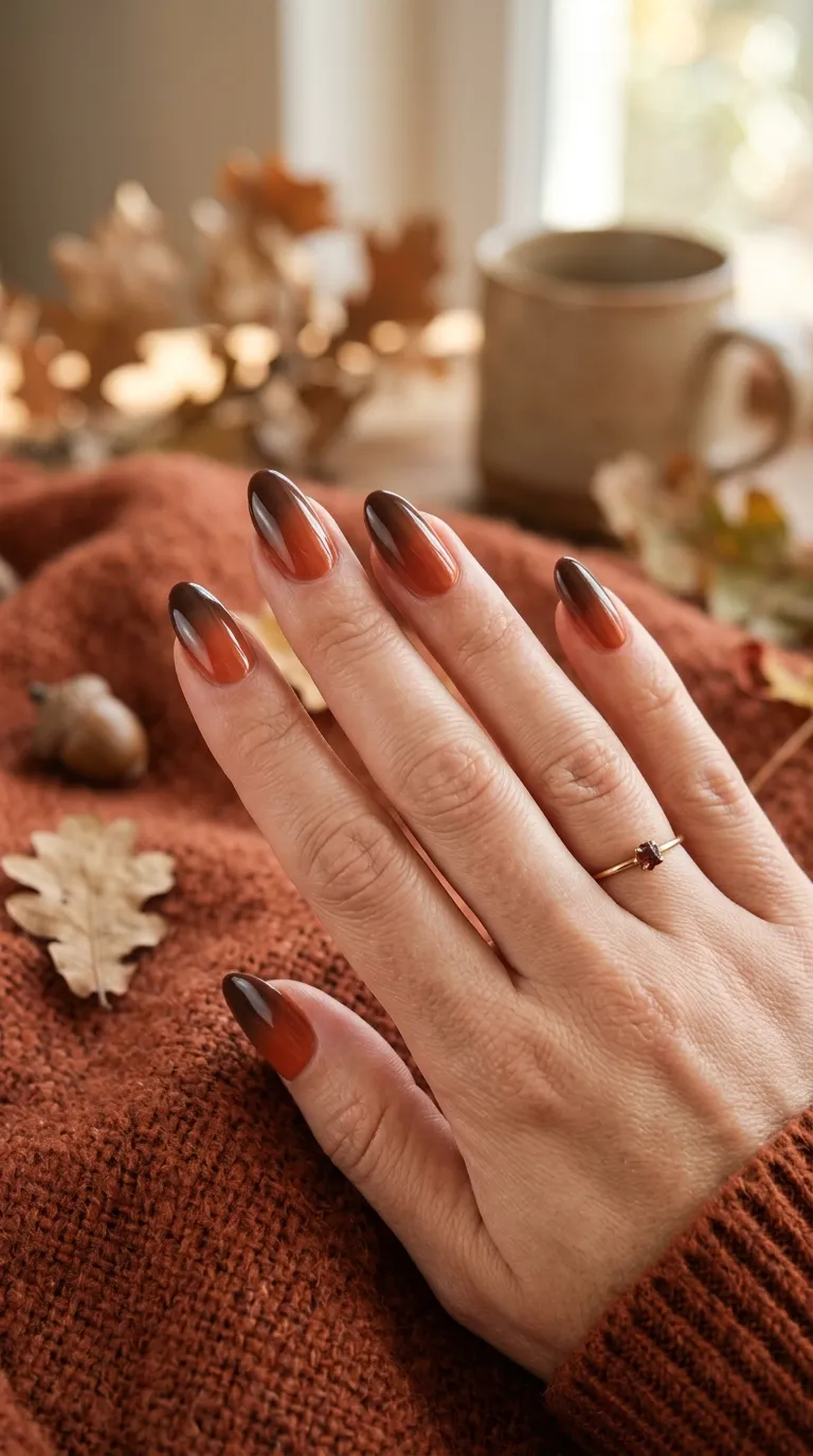 Terracotta nails with a terracotta-to-brown ombre fade at the tips