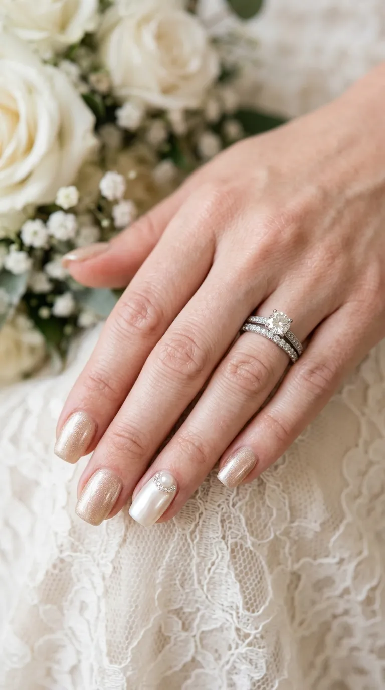 Champagne nails with a pearl-white accent nail over a lace dress and white roses