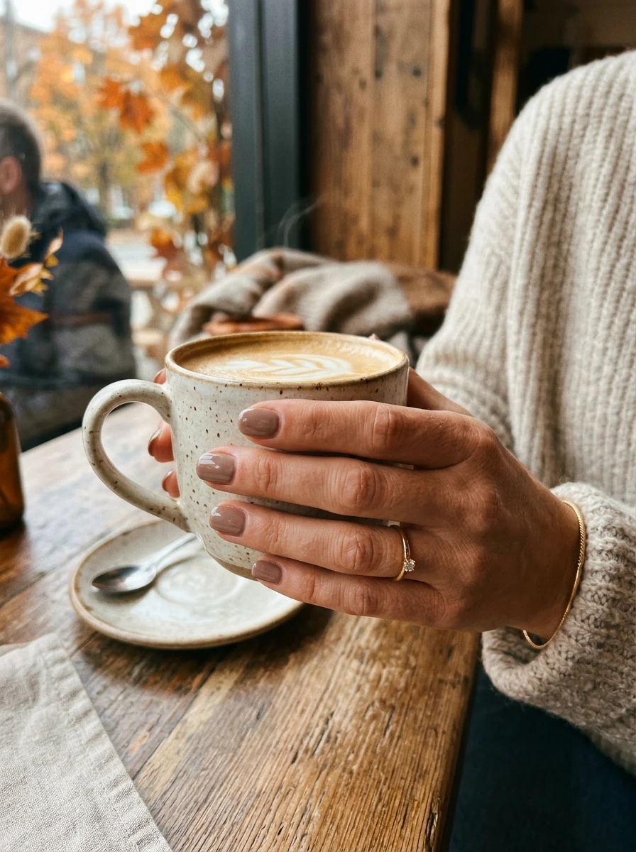 Short manicured nails shown in an everyday hand gesture