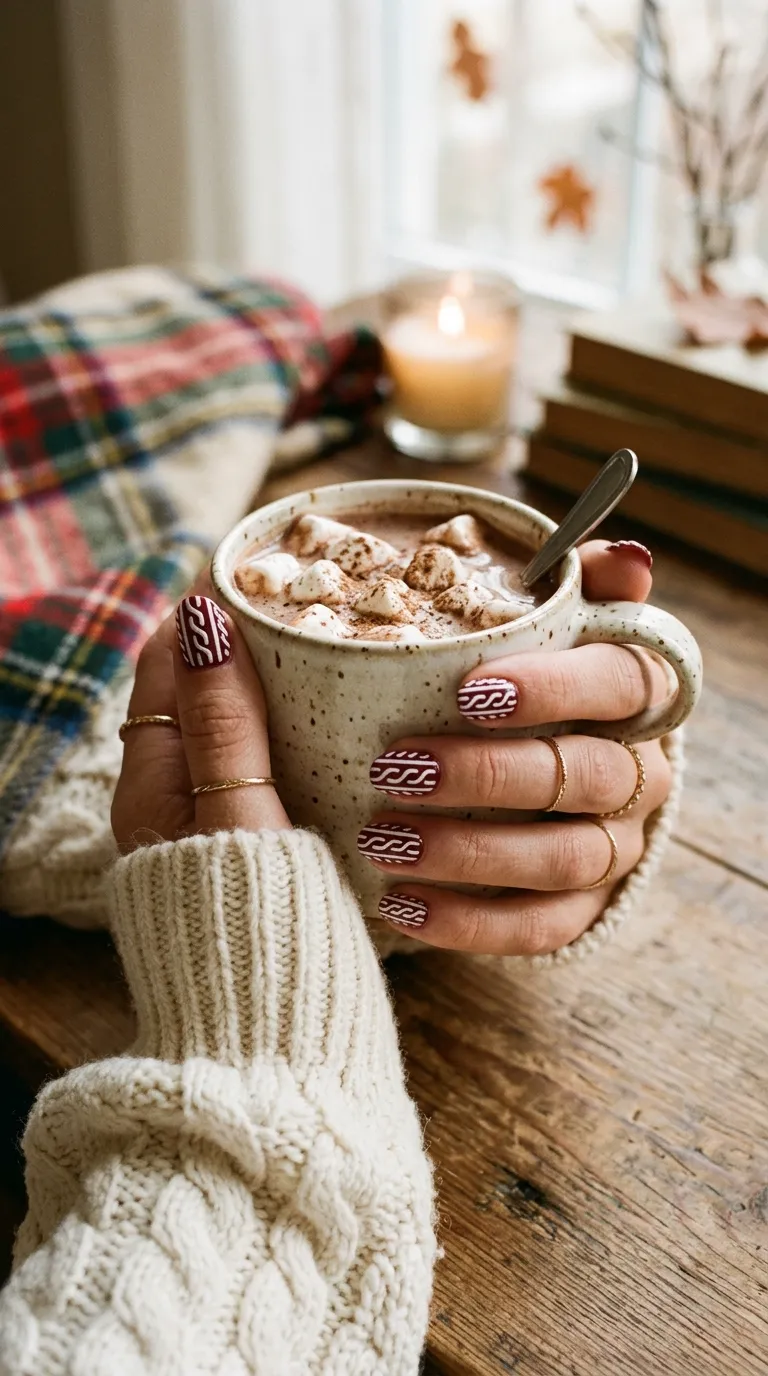 Knit sweater texture Christmas nail art 2026 with a cocoa mug