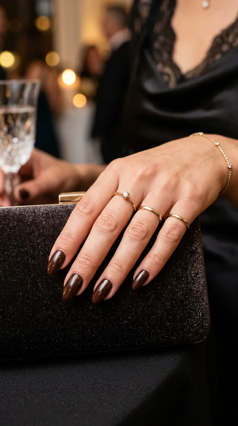 Glossy chocolate brown almond nails at a formal evening wedding reception