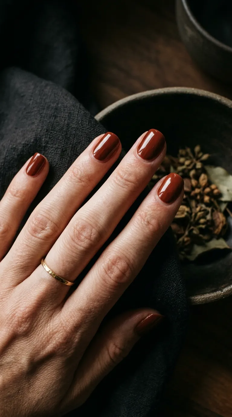 Deep burnt terracotta nails with a glossy finish