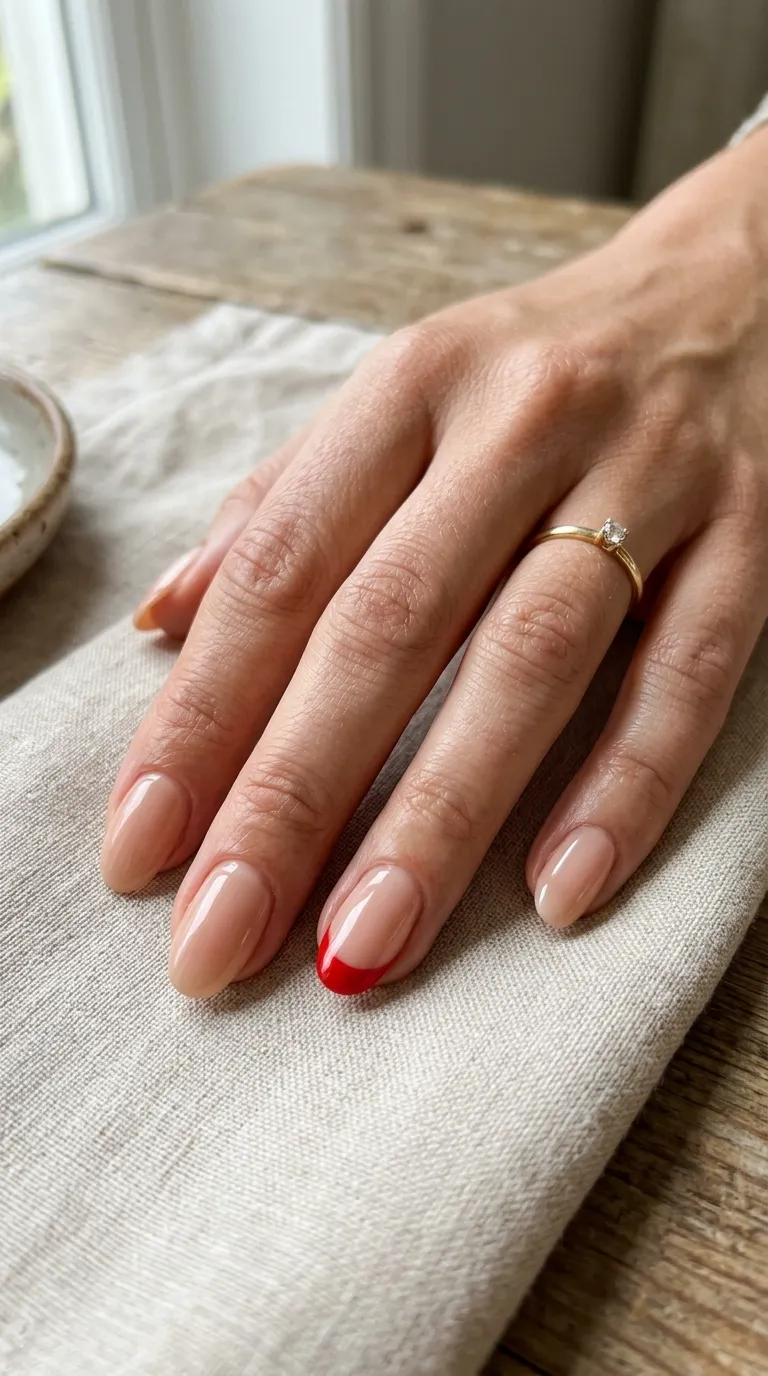 Apple orchard nails: nude base with a single apple-red French tip