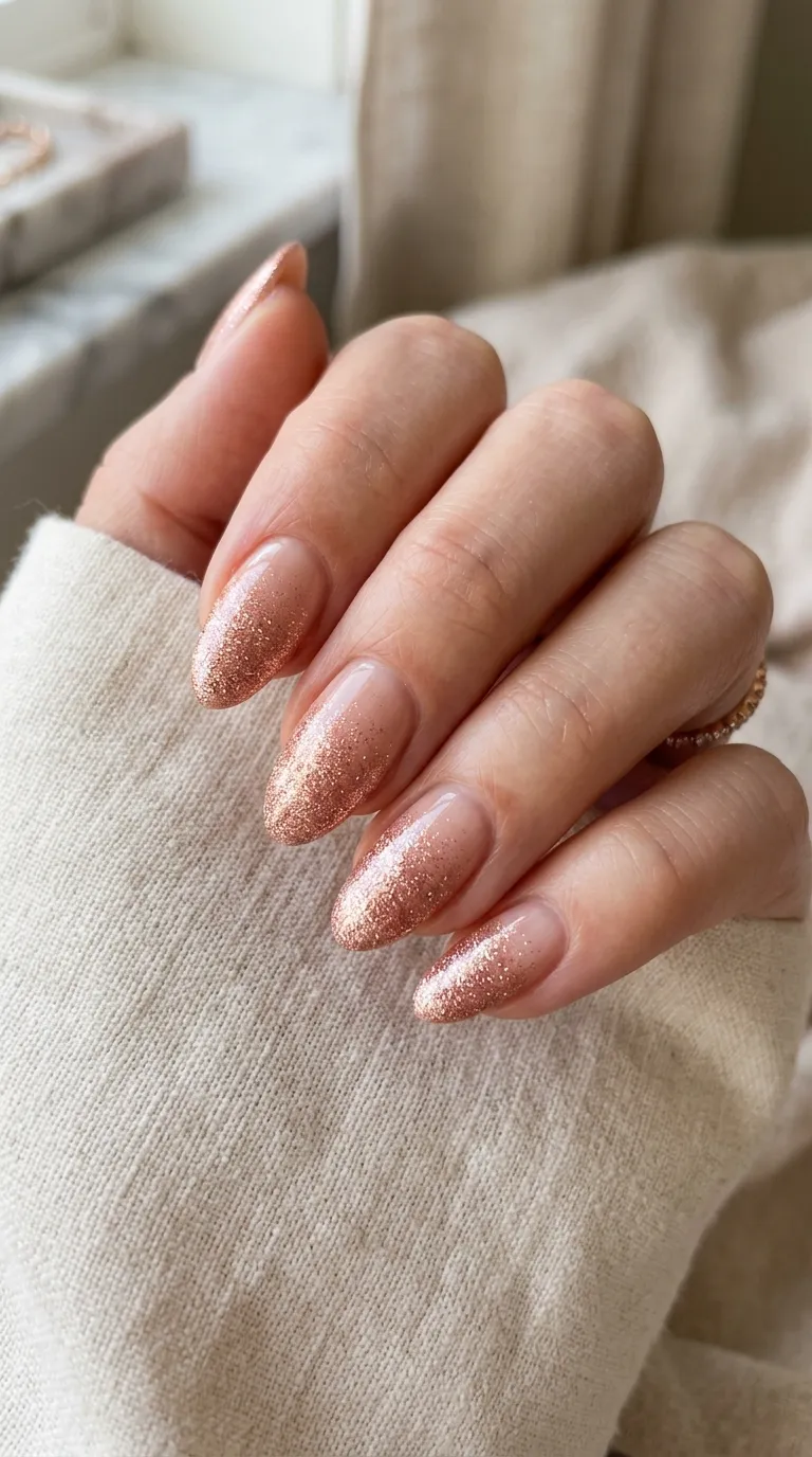 Rose-gold glitter ombre fading to nude on almond nails