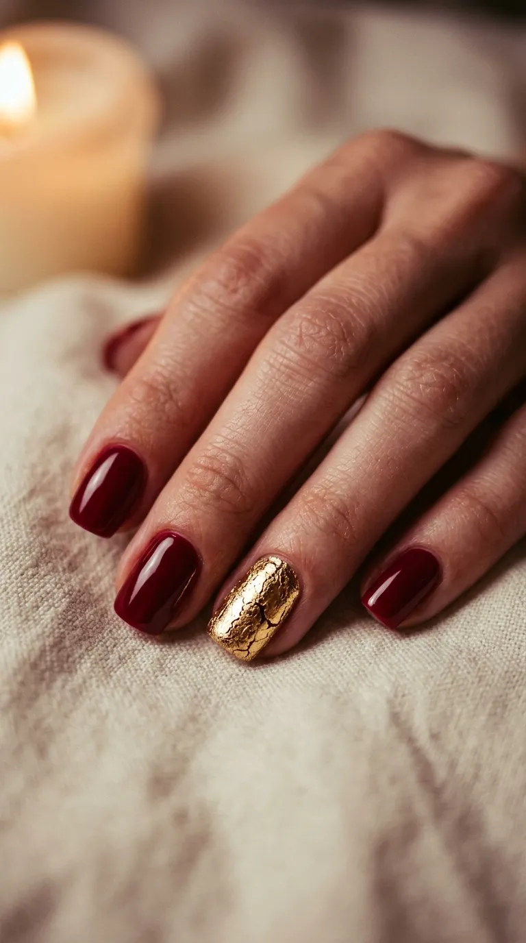 Red and gold foil accent nail design for Christmas 2026