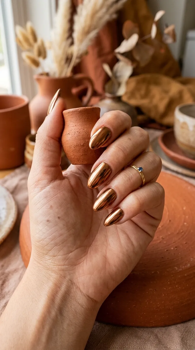 Hand wearing bronze chrome nails