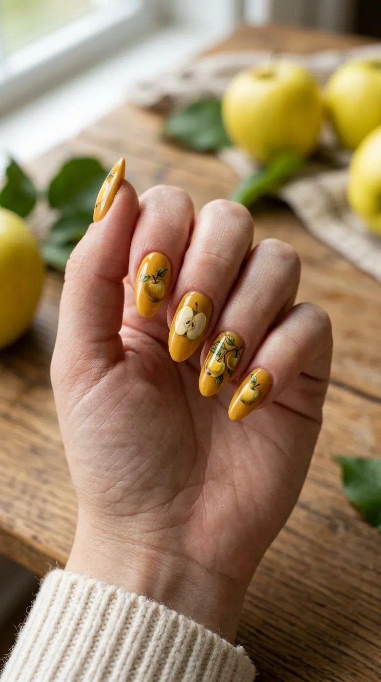 Hand with apple themed manicure