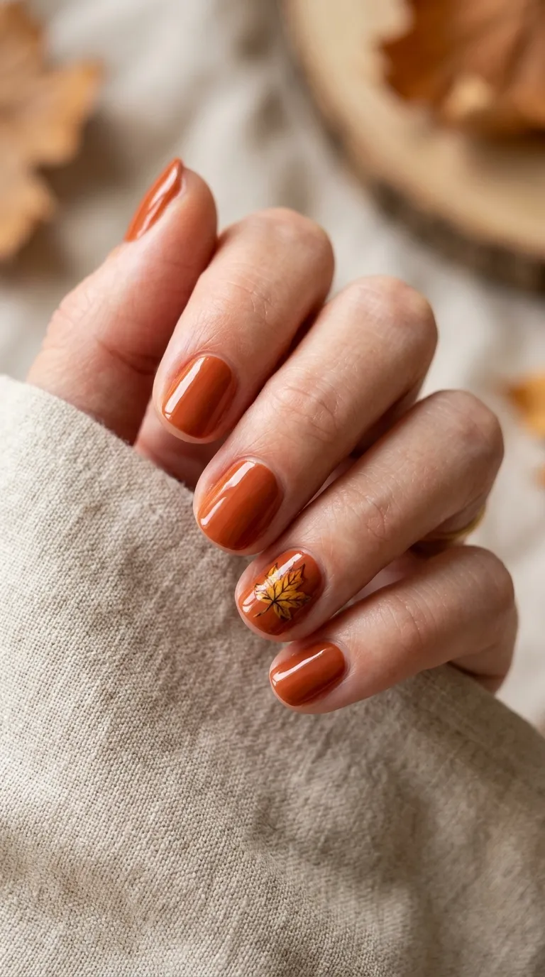 Apple orchard nails: rust-orange base with a painted fallen-leaf accent