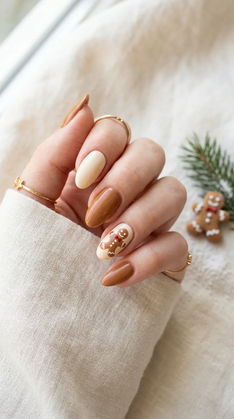 Gingerbread man accent nail design for cute Christmas nails 2026