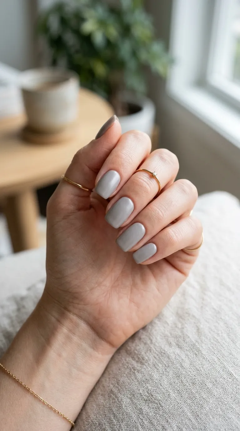 Soft gray cream manicure on short square nails