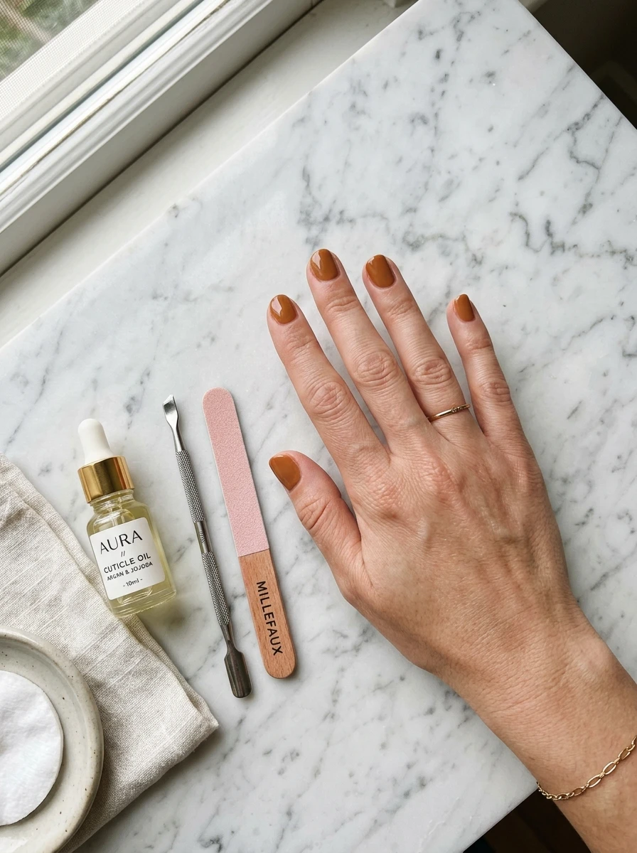 Hand with short nails during an at-home manicure touch-up
