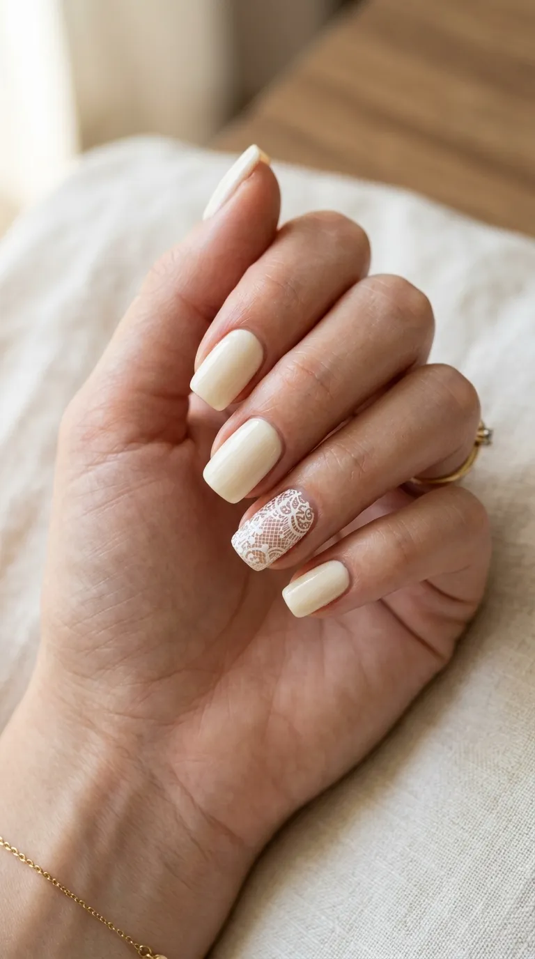 Ivory nails with a white lace-pattern accent nail