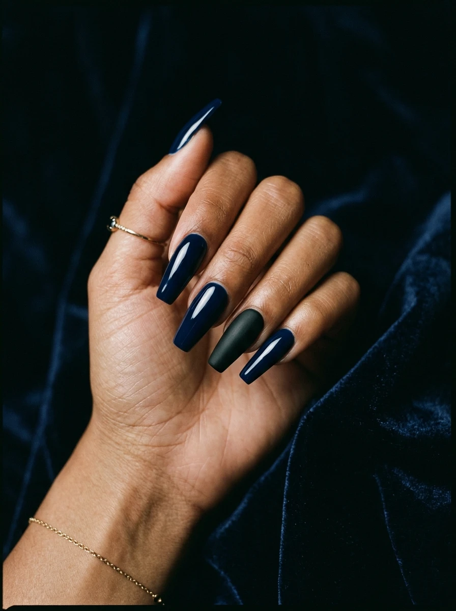 Nails in midnight chrome with a black rhinestone cuff detail
