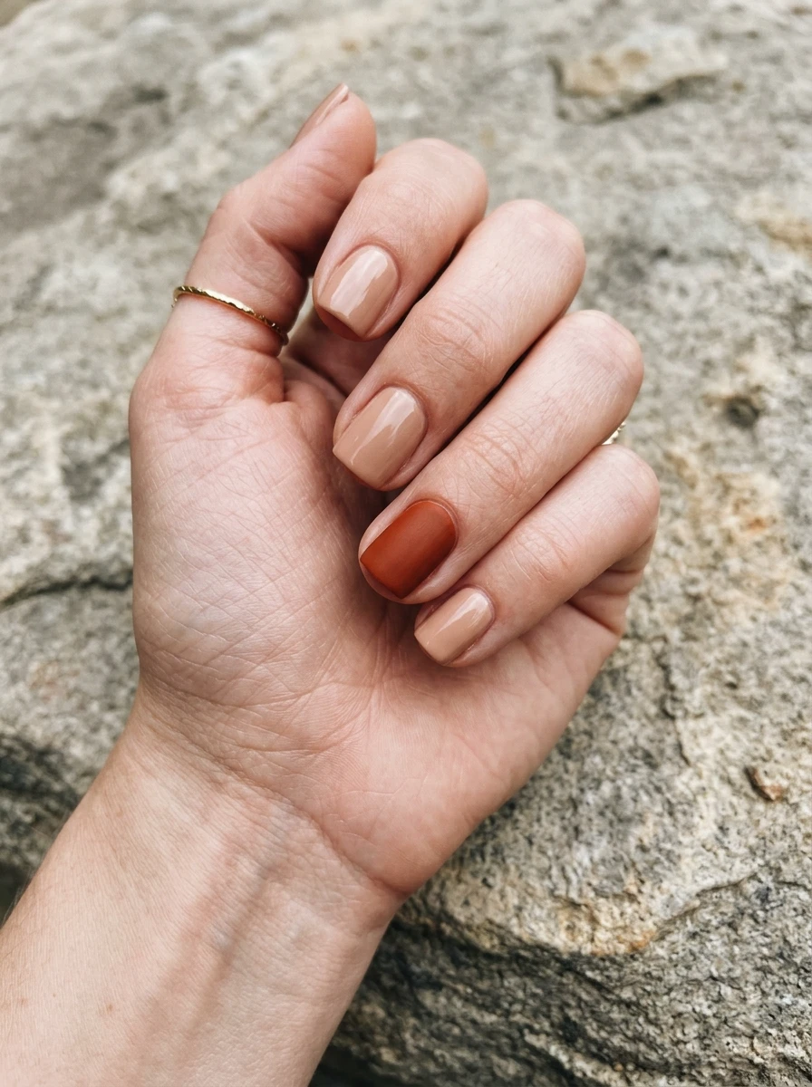 Short square nails with one contrasting accent nail