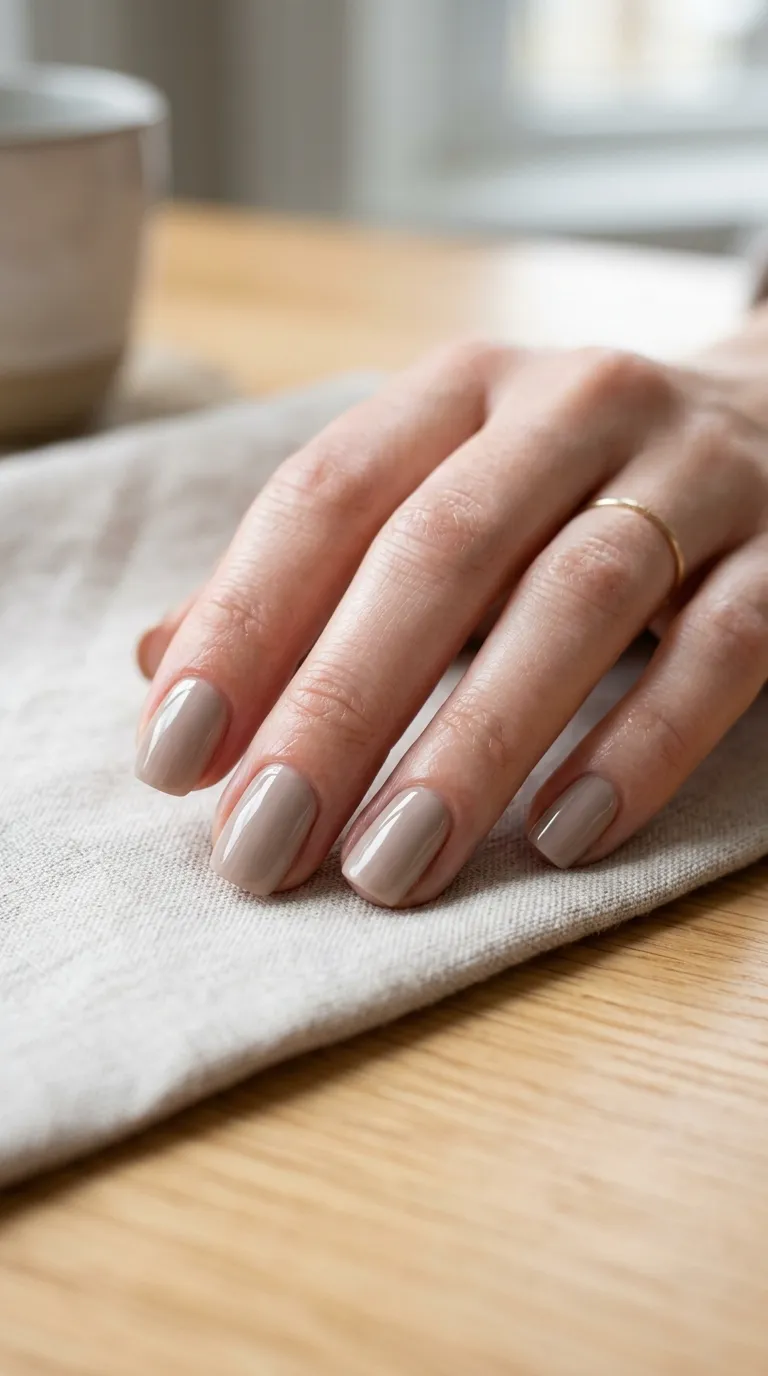 Soft taupe glossy manicure on almond nails, a fall wedding guest nail idea