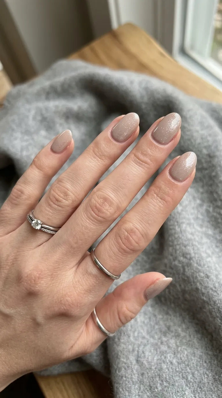 Taupe nude nails with a fine shimmer finish and silver rings