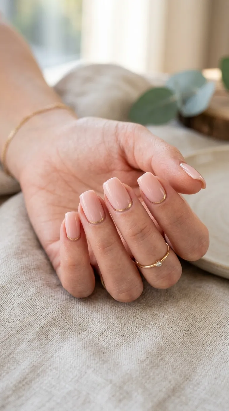 Blush pink nails with a thin gold cuticle line, fall wedding guest manicure