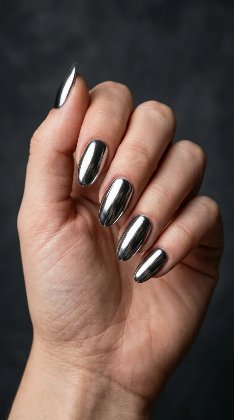 Silver chrome mirror Christmas nails 2026 with high-shine metallic finish
