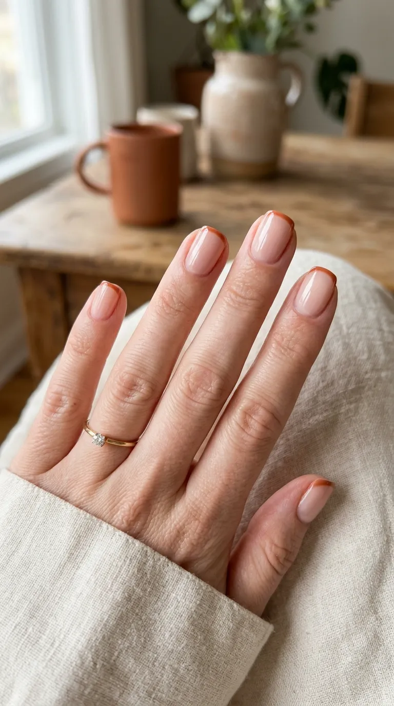 Terracotta nails as a French manicure: nude base with thin terracotta tips