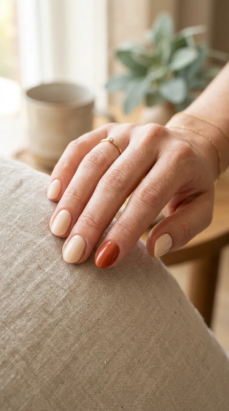 Hand with terracotta accent nail