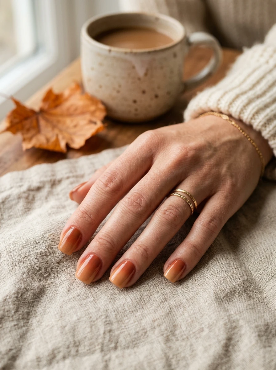 Hero shot of short round and squoval nails in warm terracotta and caramel tones for September